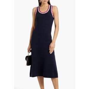 Veronica Beard Ashlan Navy Blue Pink White Knit Scoop Neck Midi Dress, Size M